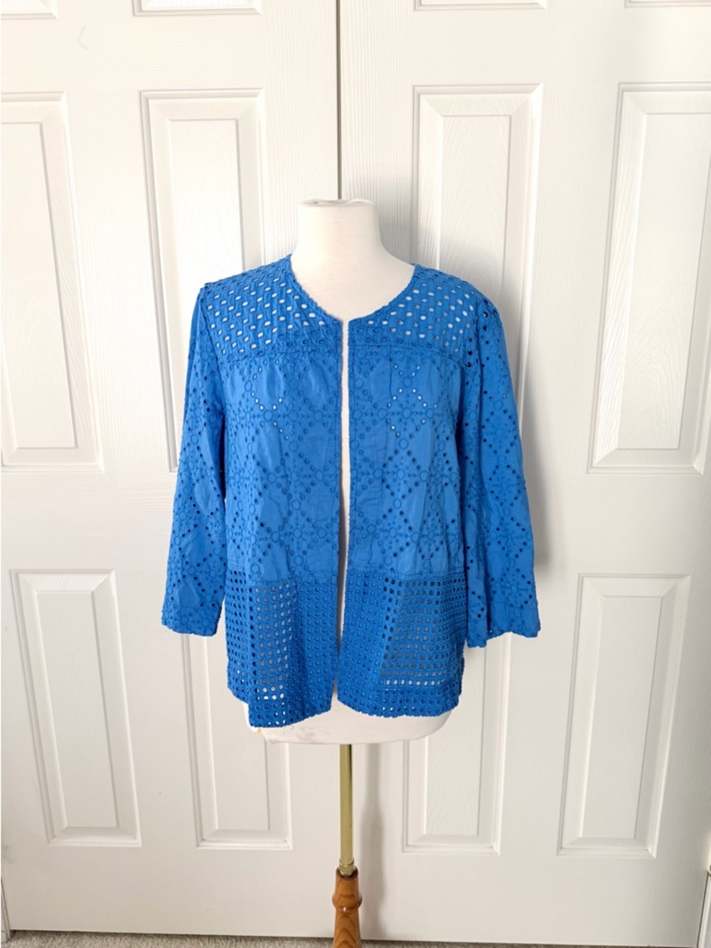 Blue Eyelet Crochet Open Front Jacket